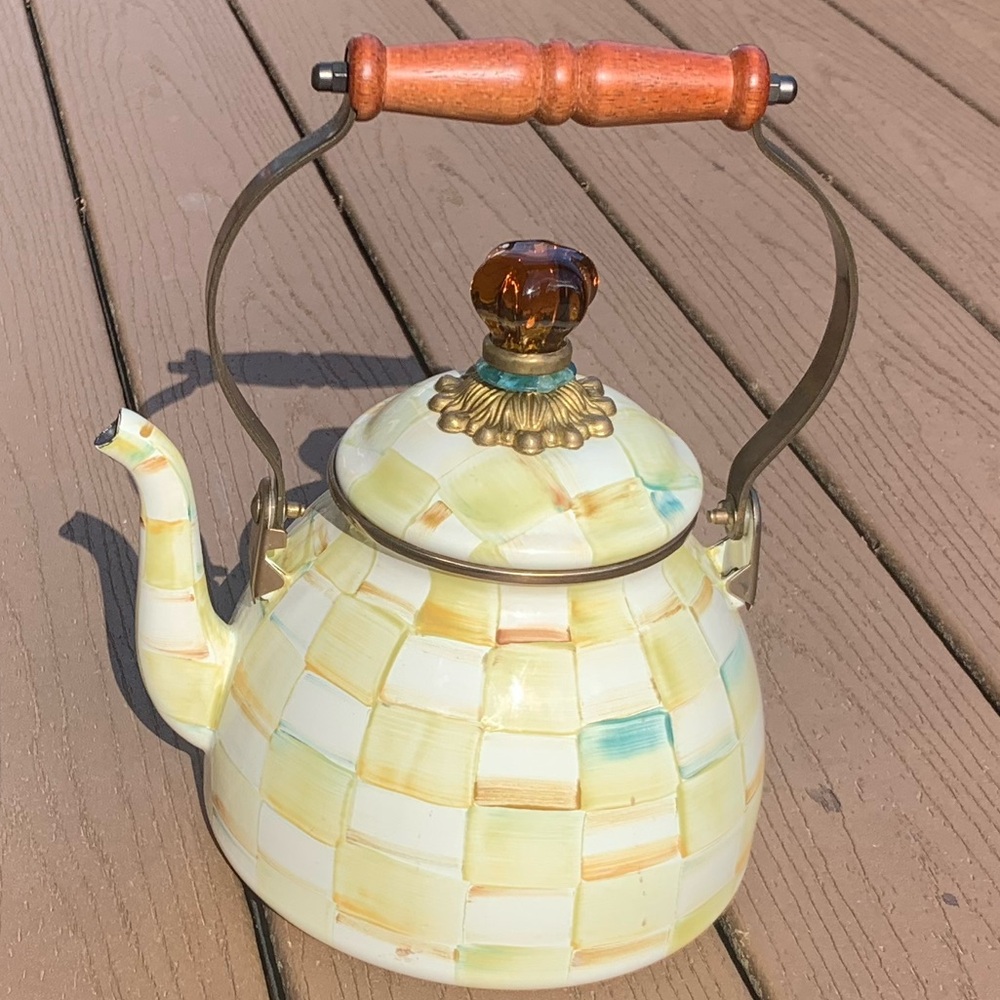 MACKENZIE CHILDS PARCHMENT CHECK 2QT TEAPOT KETTLE RETIRED BLUE RING RARE EUC